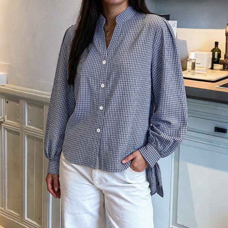 Navy Gingham Band Collar Balloon Sleeve Relaxed Shirt - Navy - 2