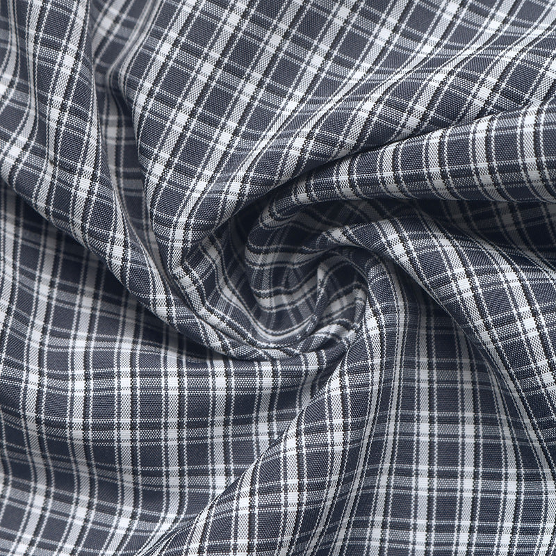 Navy Gingham Band Collar Balloon Sleeve Relaxed Shirt - Navy - 3