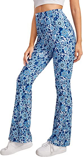 Retro Floral Print Bell Bottom Pants - Blue