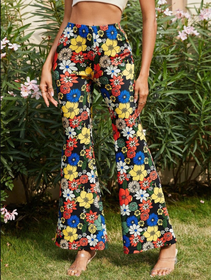 Retro Floral Print Bell Bottom Pants - Flower