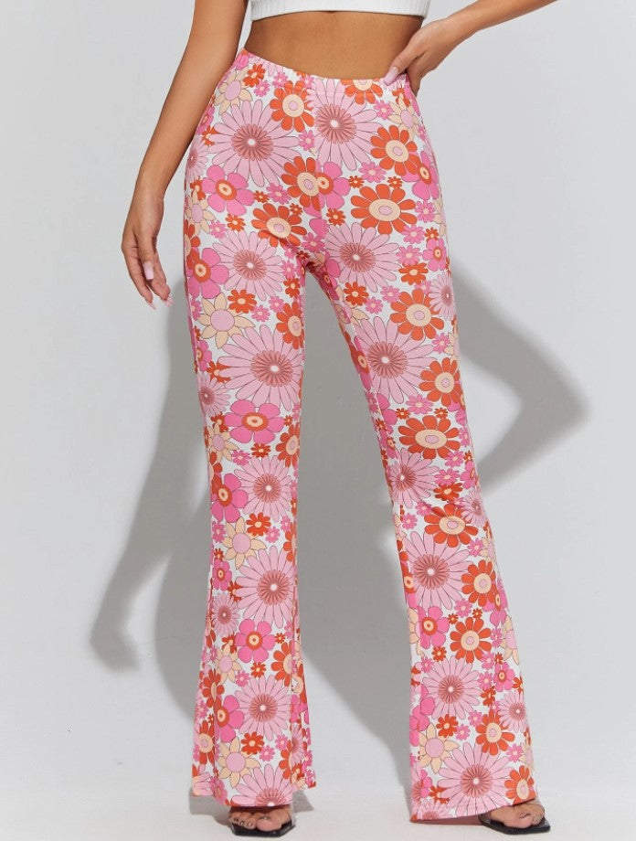 Retro Floral Print Bell Bottom Pants - Pink