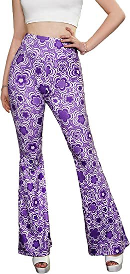 Retro Floral Print Bell Bottom Pants - purple