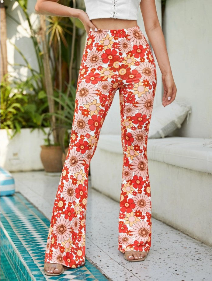 Retro Floral Print Bell Bottom Pants - red