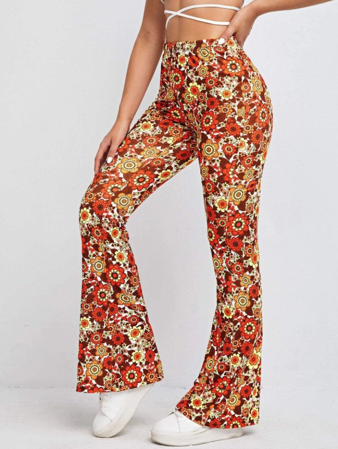 Retro Floral Print Bell Bottom Pants - yellow
