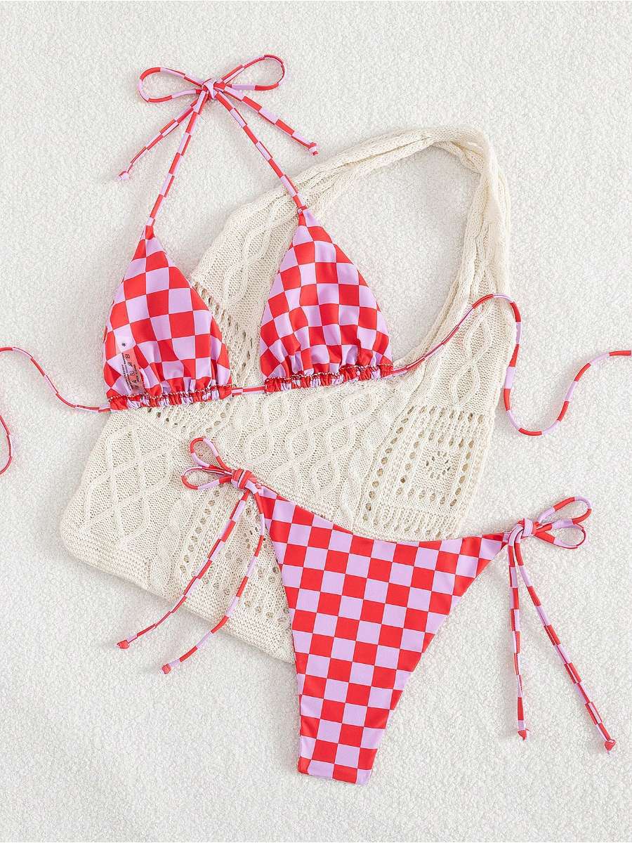 Retro Check Print Triangle Bikini With Tie Sides - Pink - 1
