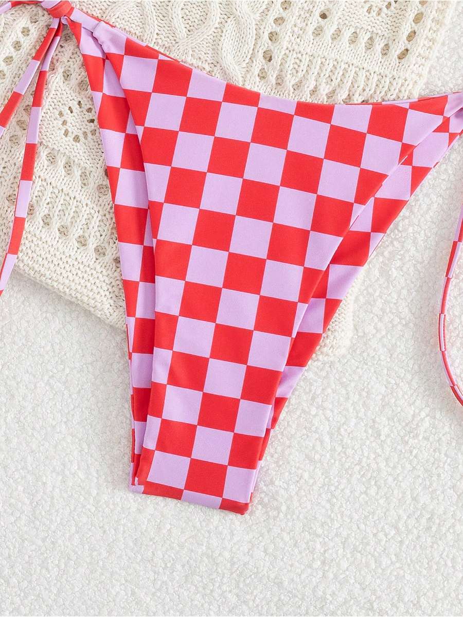 Retro Check Print Triangle Bikini With Tie Sides - Pink - 2