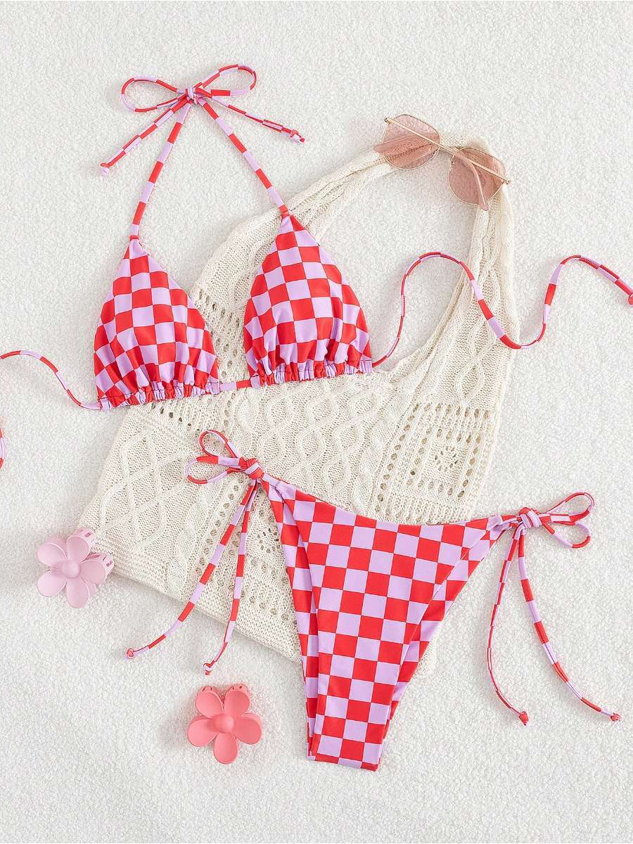 Retro Check Print Triangle Bikini With Tie Sides - Pink - 3