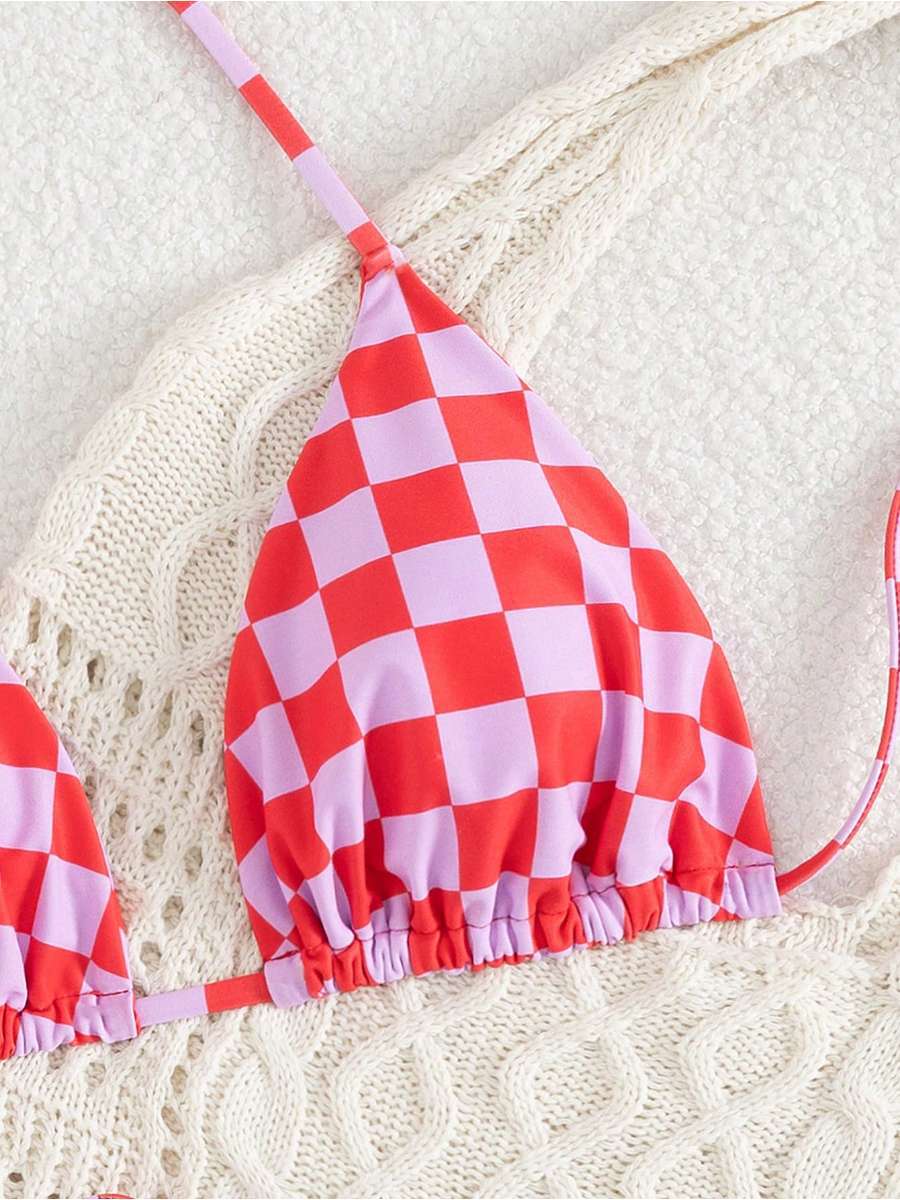 Retro Check Print Triangle Bikini With Tie Sides - Pink - 4