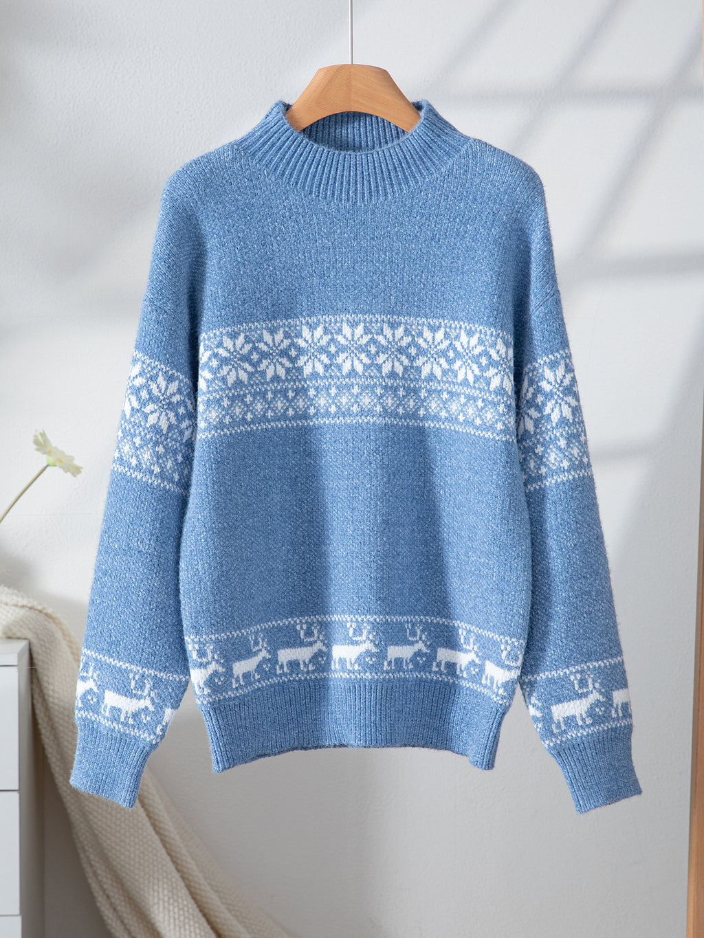 Snowflake Fair Isle Mock Neck Sweater - Blue