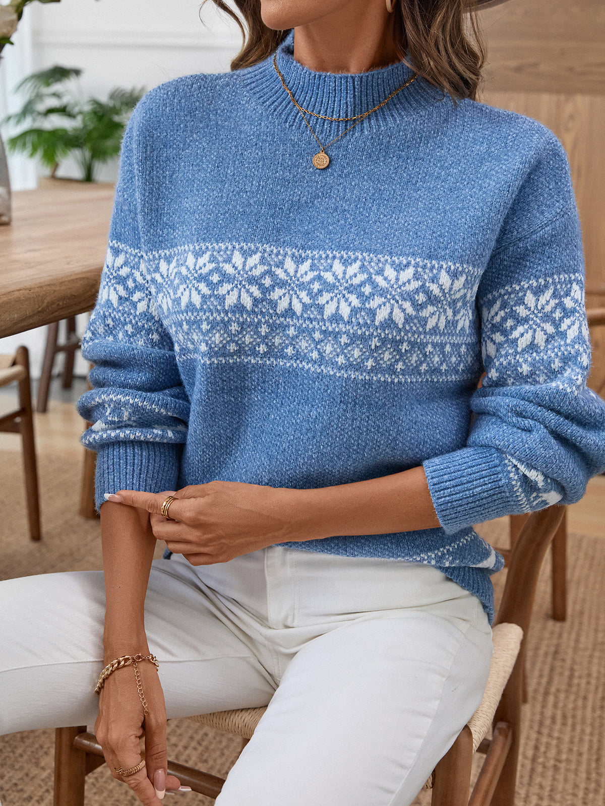 Snowflake Fair Isle Mock Neck Sweater - Blue - 3
