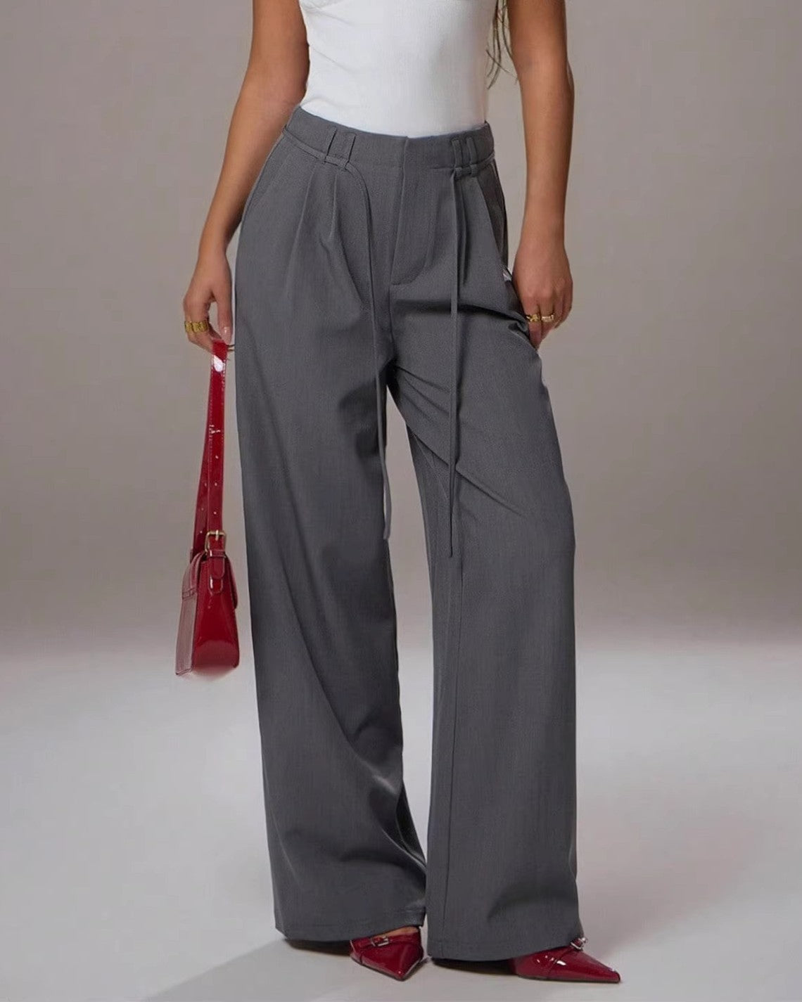 High Waist Pleated Wide Leg Trousers - Grey
