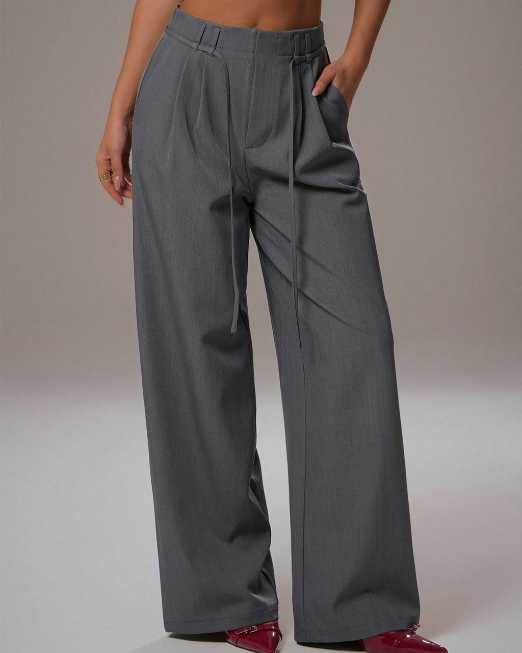 High Waist Pleated Wide Leg Trousers - Grey - 1