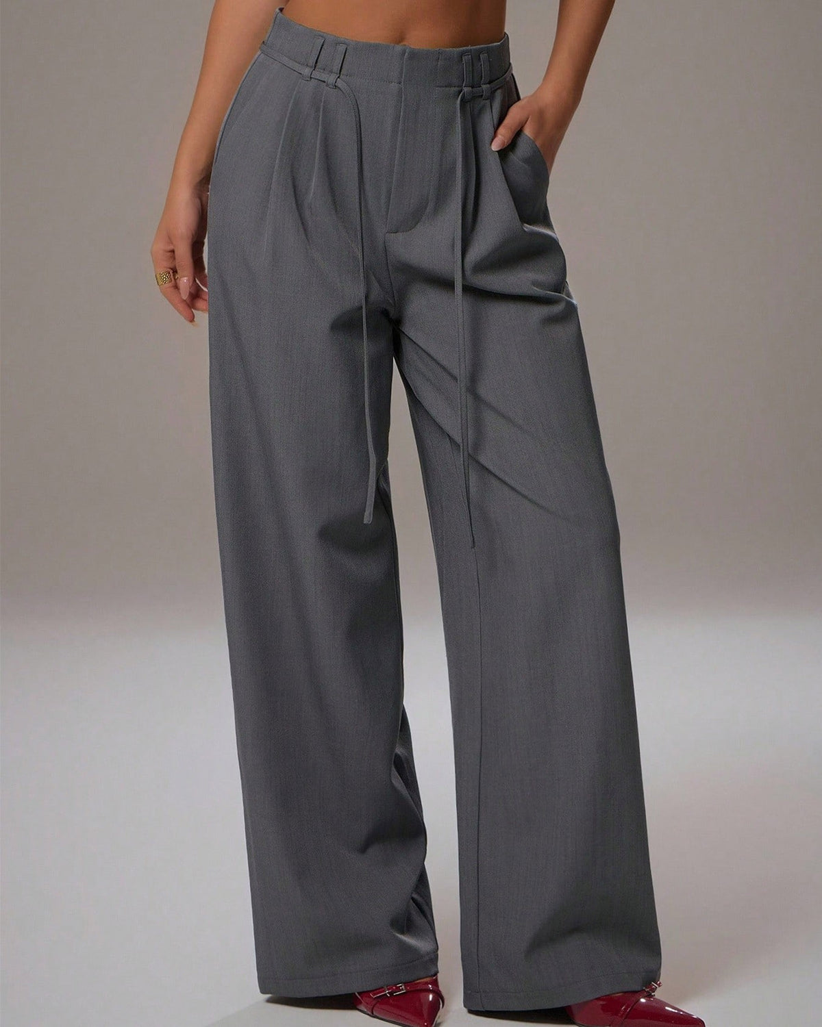 High Waist Pleated Wide Leg Trousers - Grey - 1