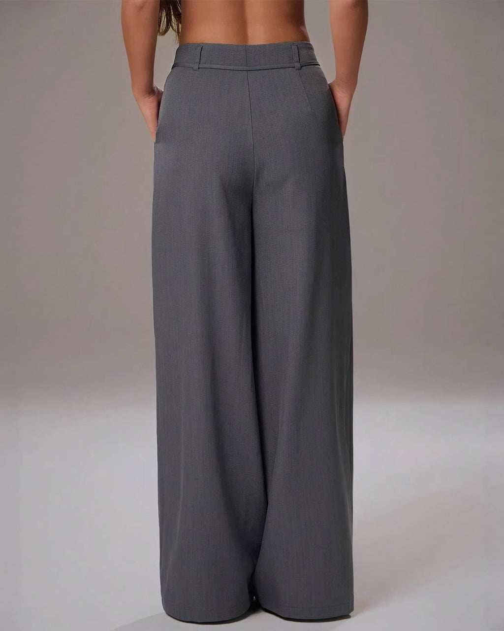 High Waist Pleated Wide Leg Trousers - Grey - 2