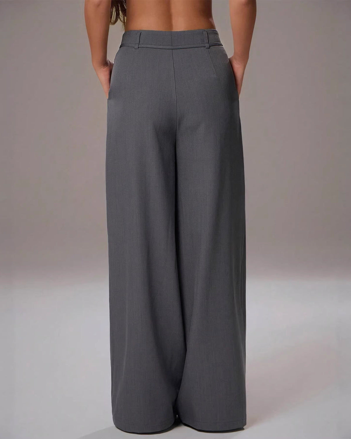 High Waist Pleated Wide Leg Trousers - Grey - 2