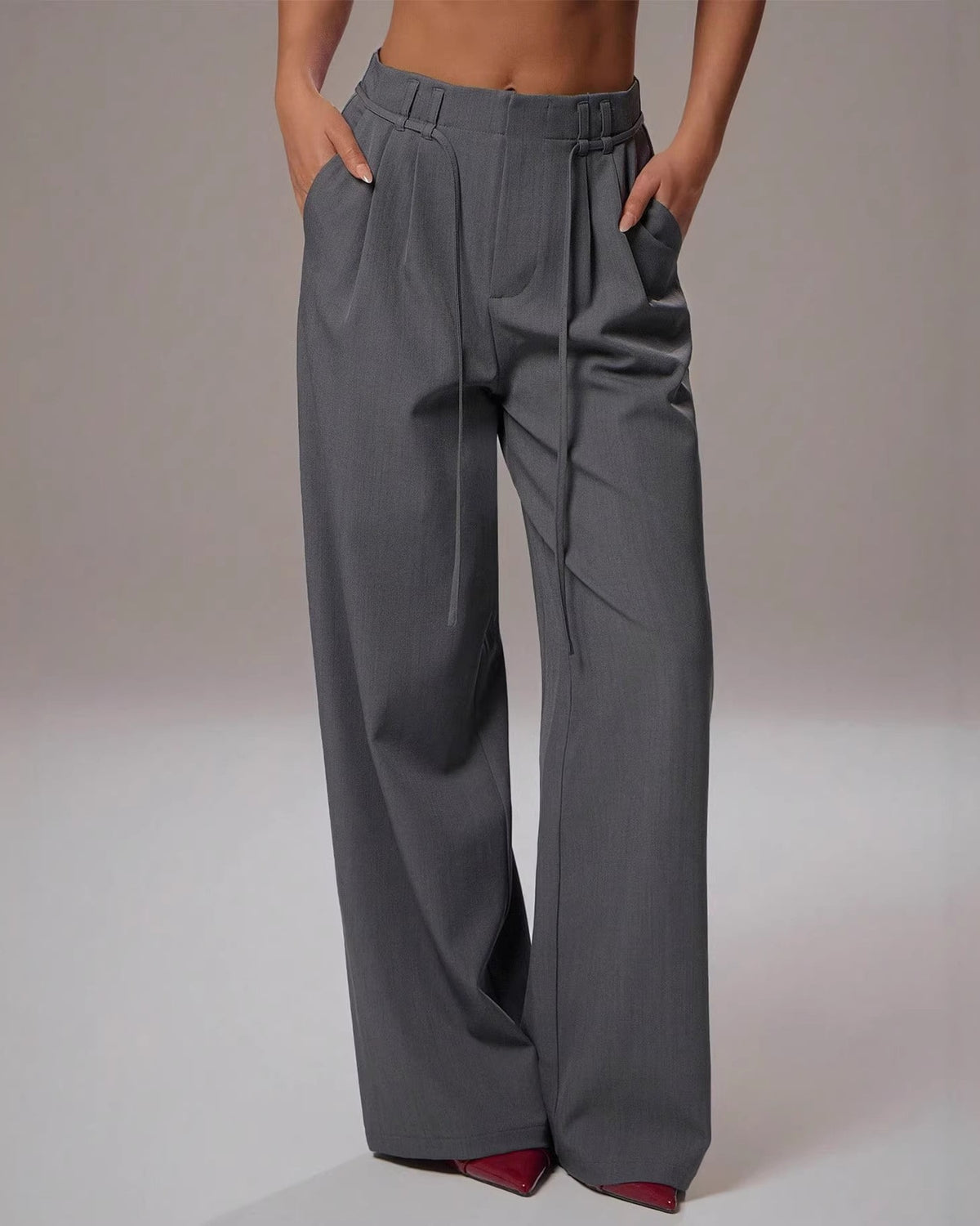High Waist Pleated Wide Leg Trousers - Grey - 3