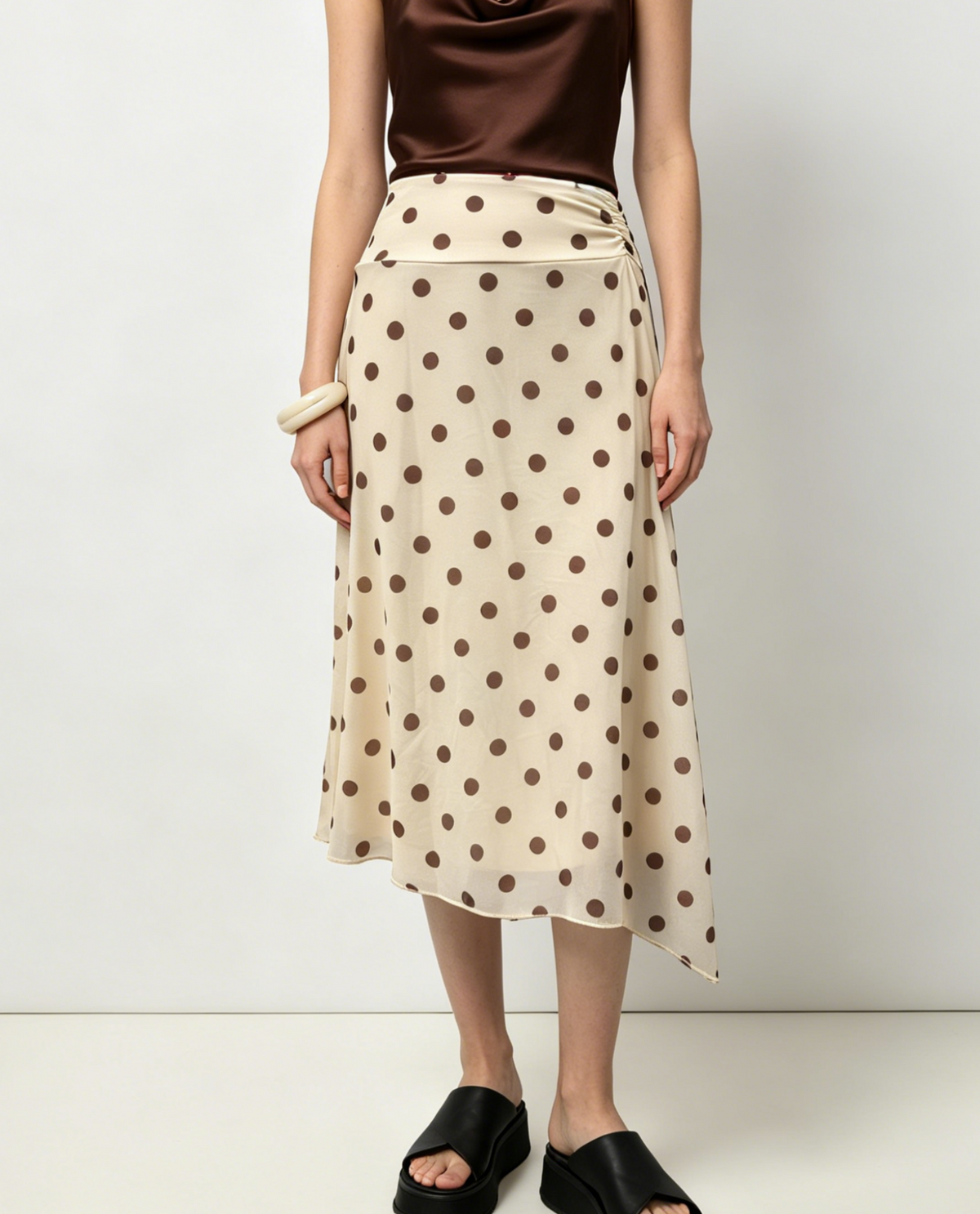 Sheer Polka Dot Midi Skirt With Asymmetric Hem - Yellow