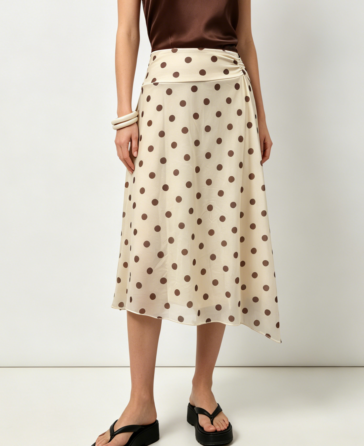 Sheer Polka Dot Midi Skirt With Asymmetric Hem - Yellow - 3
