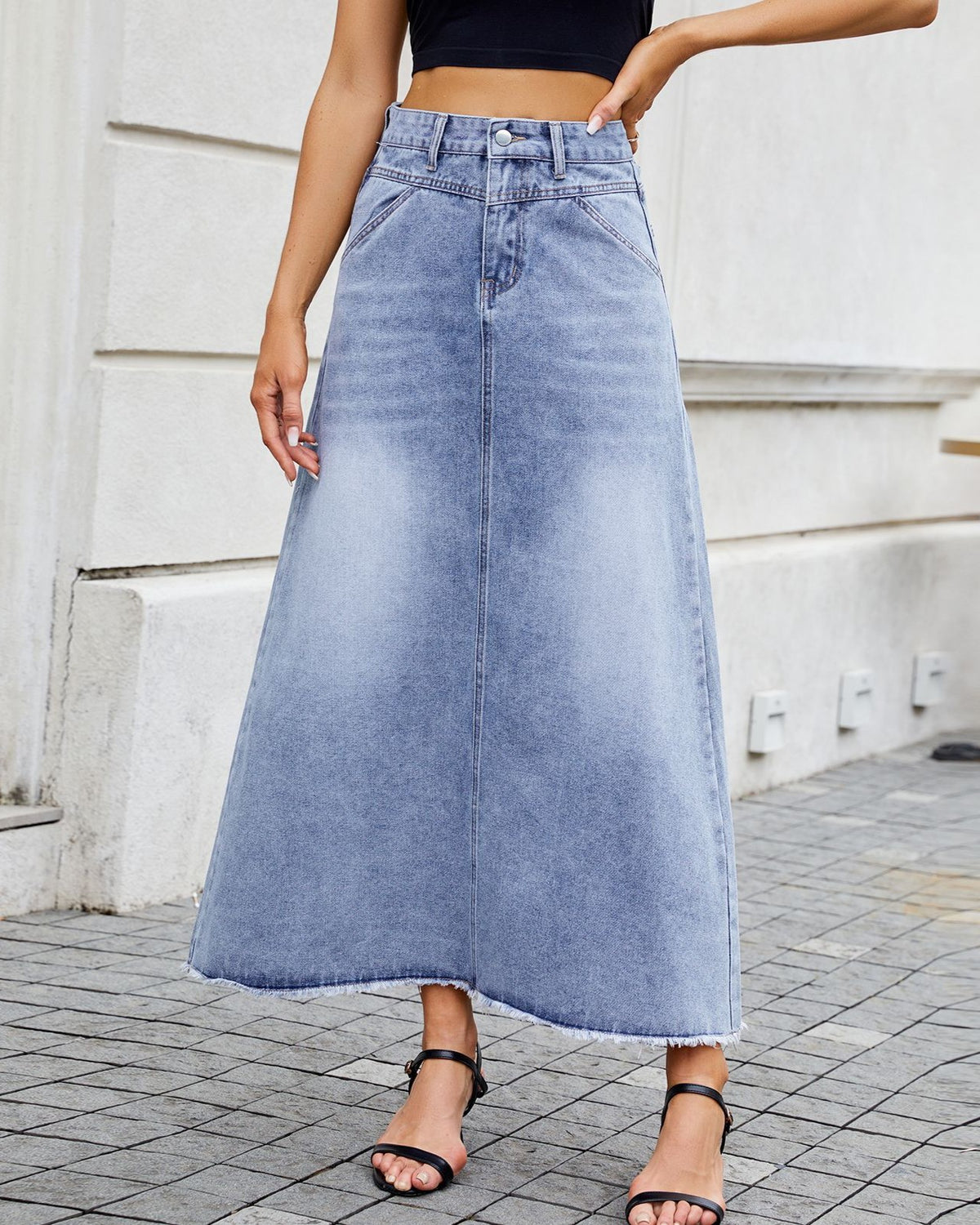 High Waist Frayed Hem Denim Maxi Skirt - Dark-Blue
