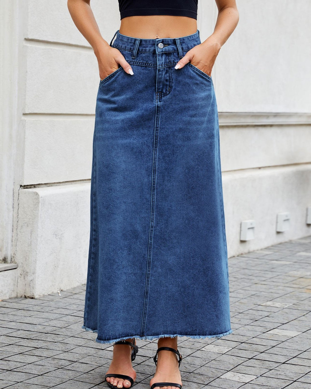 High Waist Frayed Hem Denim Maxi Skirt - Dark-Blue - 1