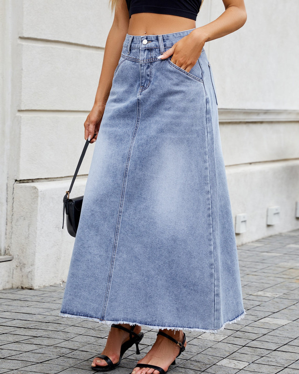 High Waist Frayed Hem Denim Maxi Skirt - Dark-Blue - 2