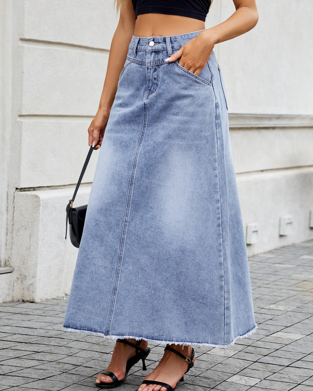 High Waist Frayed Hem Denim Maxi Skirt - Dark-Blue - 2