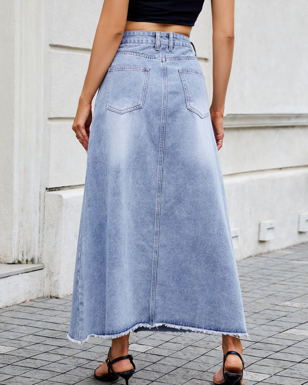 High Waist Frayed Hem Denim Maxi Skirt - Dark-Blue - 3