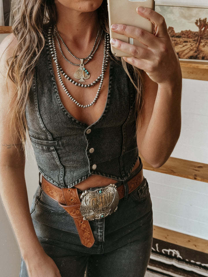 Western Denim Button Front Tank Top - Black