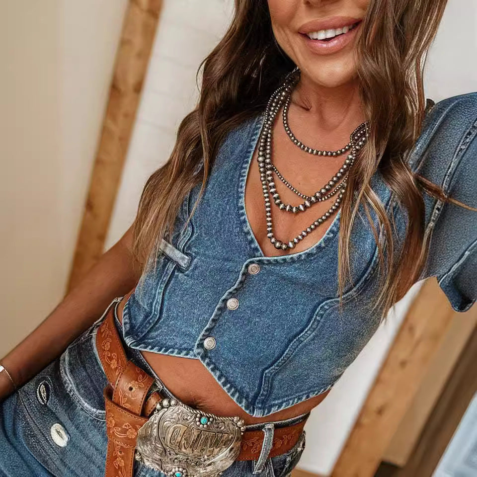 Western Denim Button Front Tank Top - Blue - 1