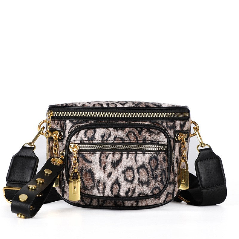 Leopard Print Sling Bag With Studded Strap - Khaki