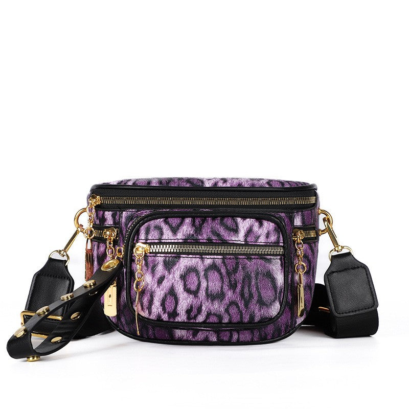 Leopard Print Sling Bag With Studded Strap - Purple