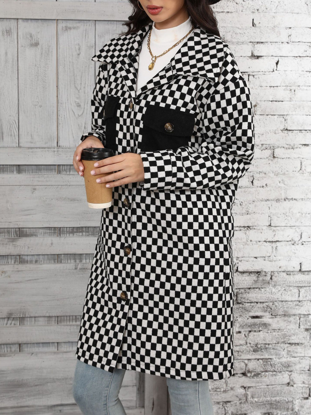 Checkerboard Print Longline Button Down Coat - Black