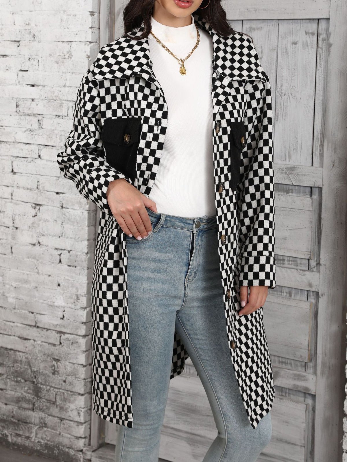 Checkerboard Print Longline Button Down Coat - Black - 1