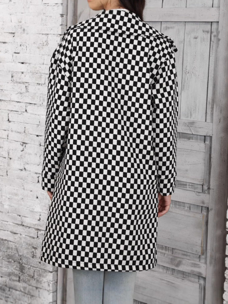 Checkerboard Print Longline Button Down Coat - Black - 2