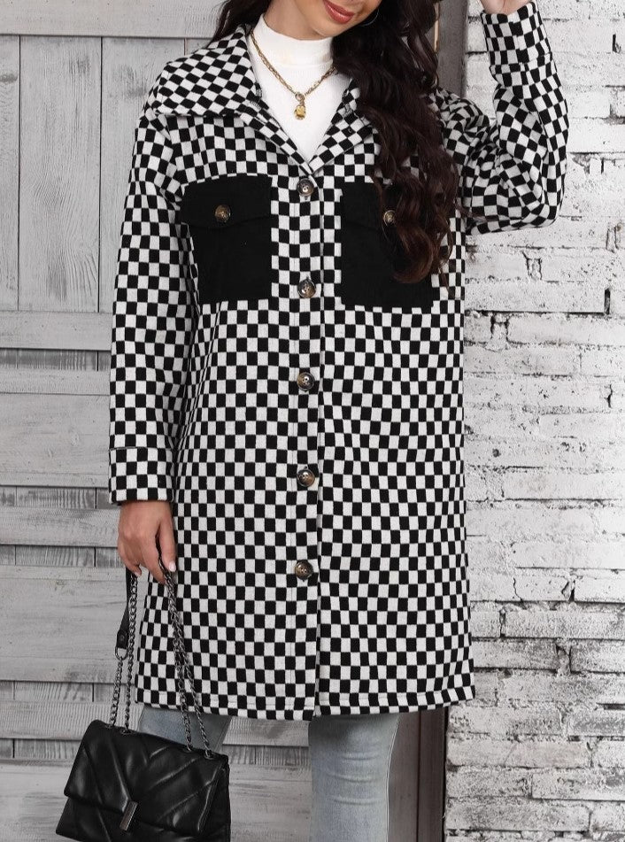 Checkerboard Print Longline Button Down Coat - Black - 3