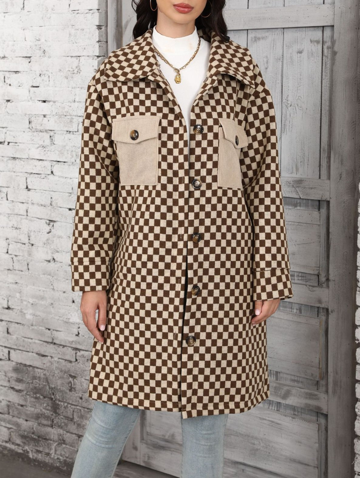 Checkerboard Print Longline Button Down Coat - Khaki