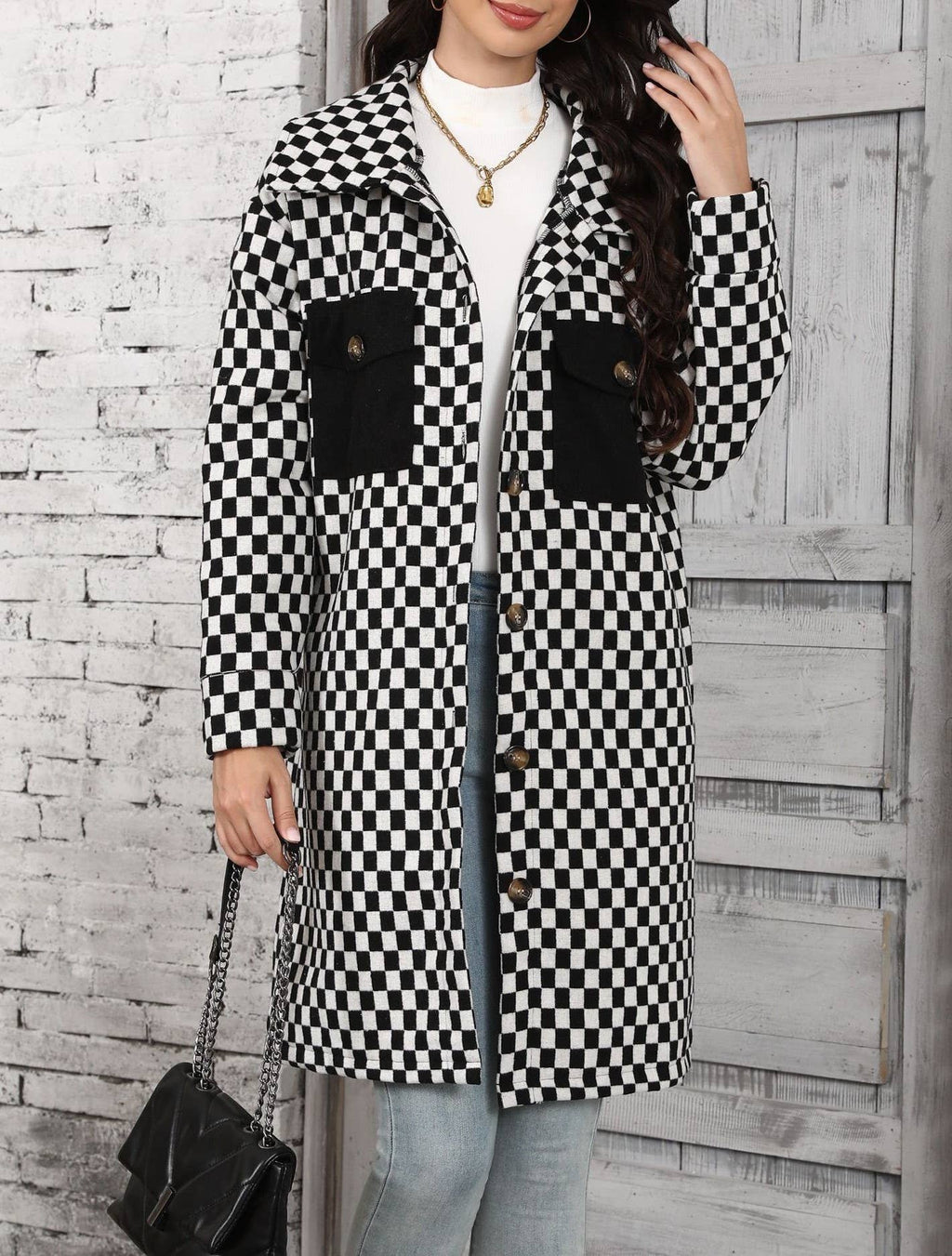Checkerboard Print Longline Button Down Coat