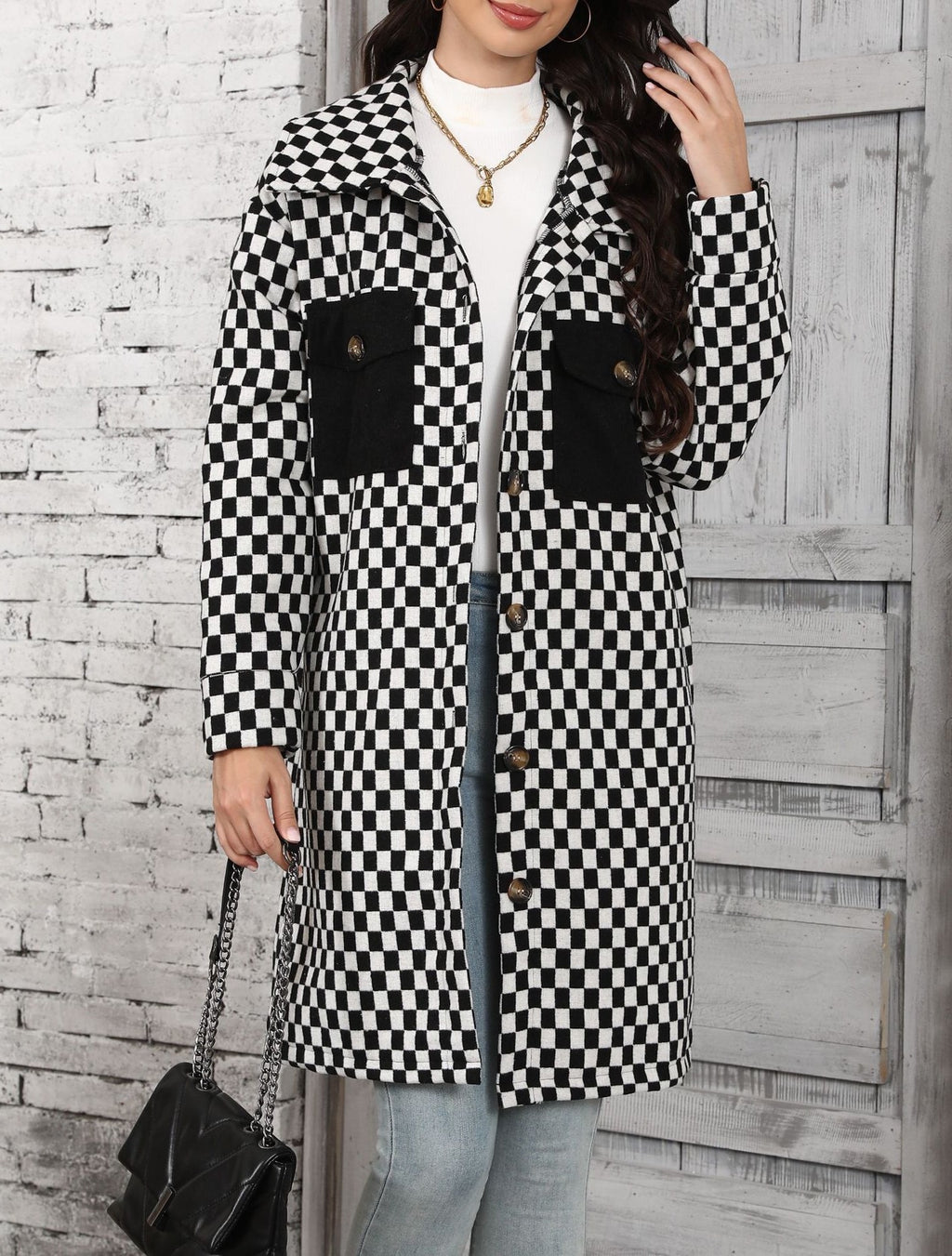 Checkerboard Print Longline Button Down Coat - view 1