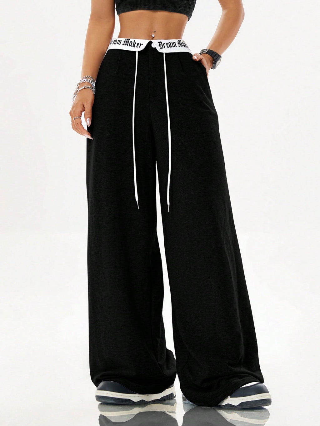 Lettered Waistband Wide Leg Sweatpants