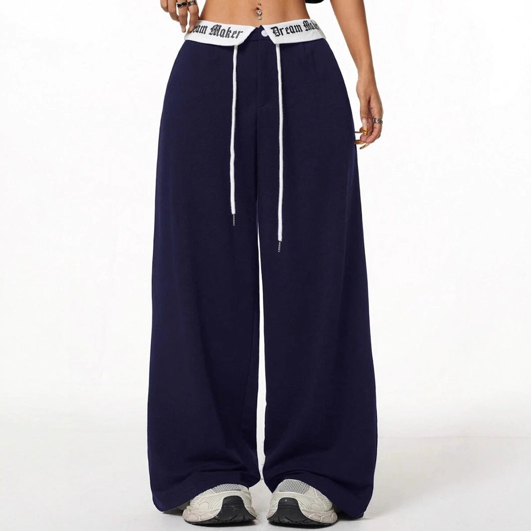 Lettered Waistband Wide Leg Sweatpants - navy