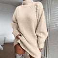 Oversized Turtleneck Ribbed Sweater Dress - Beige