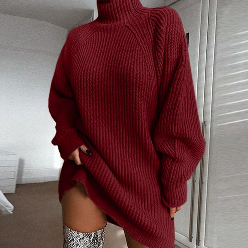 Oversized Turtleneck Ribbed Sweater Dress - Burgundy