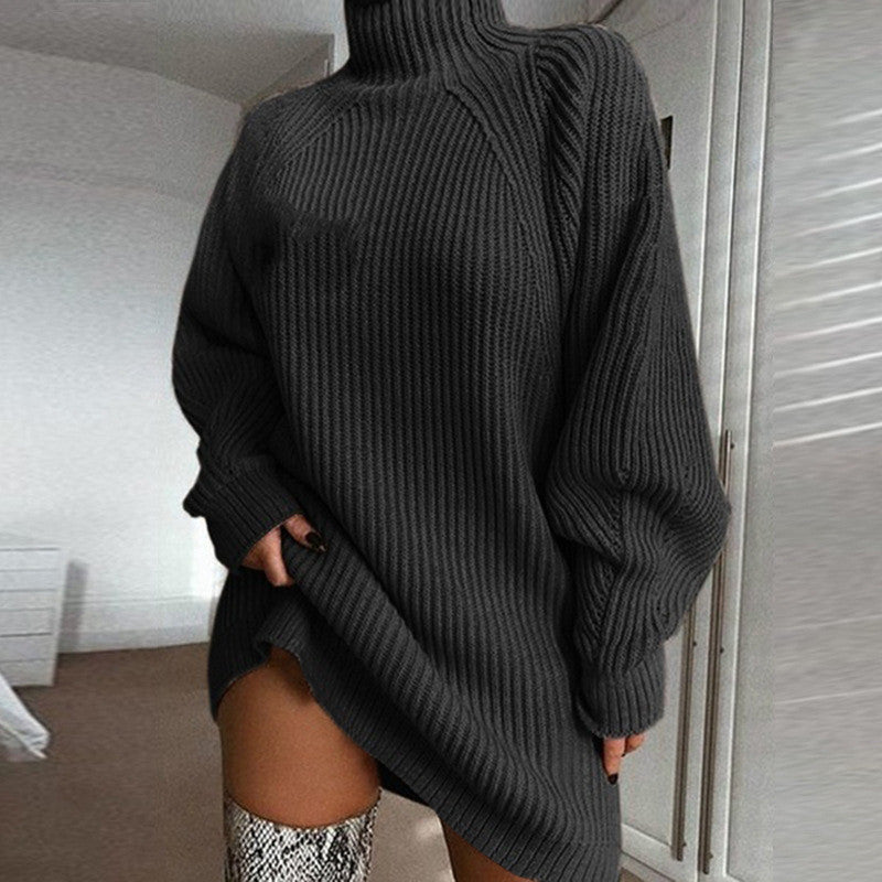 Oversized Turtleneck Ribbed Sweater Dress - Grey