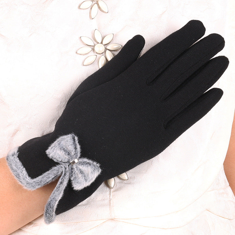 Fluffy Bow Trim Fleece Winter Gloves - Black