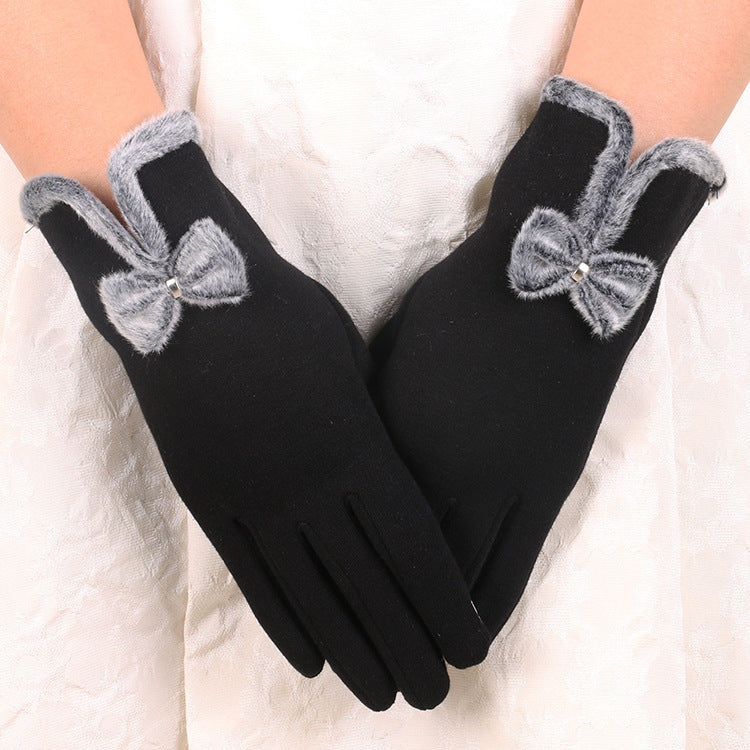 Fluffy Bow Trim Fleece Winter Gloves - Black - 1