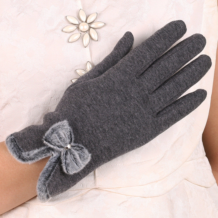Fluffy Bow Trim Fleece Winter Gloves - Grey