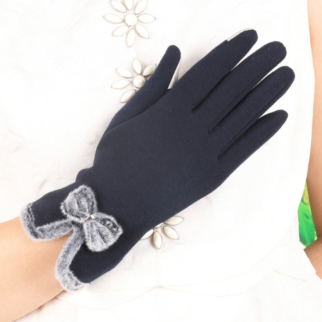 Fluffy Bow Trim Fleece Winter Gloves - NavyBlue