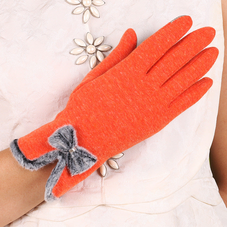 Fluffy Bow Trim Fleece Winter Gloves - Orange