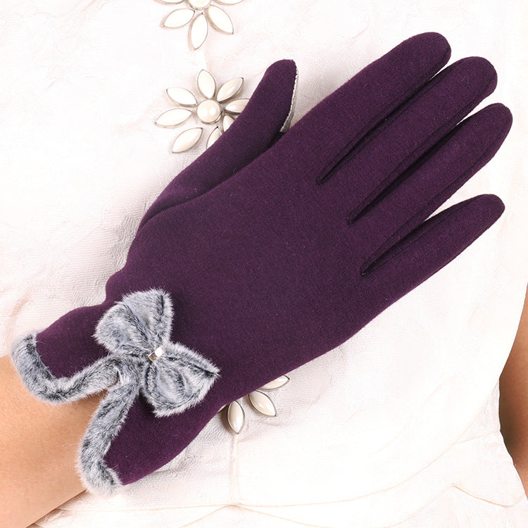Fluffy Bow Trim Fleece Winter Gloves - Purple