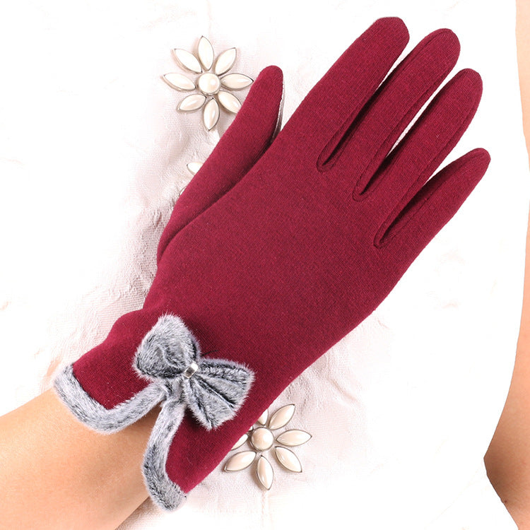 Fluffy Bow Trim Fleece Winter Gloves - Red
